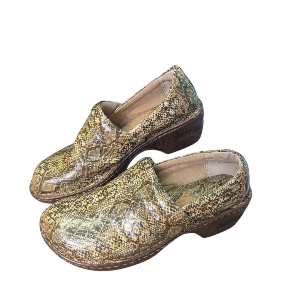 b.o.c. Snakeskin Faux Mules Size 8 Unique Fun Dark Green Brown Clogs EUC - Picture 5 of 12